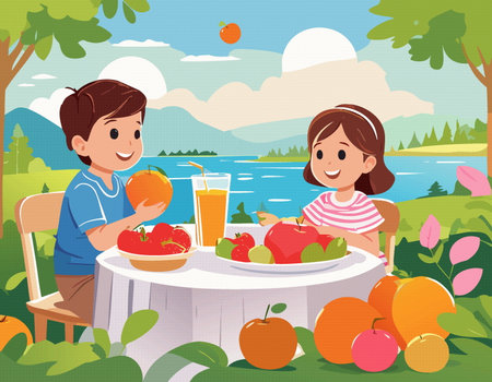 cartoon group of children sitting at the table and eating fresh fruit, illustration vectorのイラスト素材