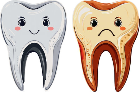 There is a white tooth and also a brown tooth prominently displayed against a clean white backgroundのイラスト素材