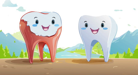 A tooth that has a hole in it accompanied by another tooth with a hole, both set against a white backgroundのイラスト素材