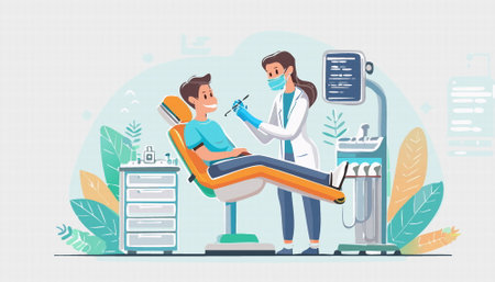 woman at a dentist's appointment in a dental office.  The concept of dentistry and healthcare. Vector illustrationのイラスト素材