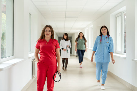 Medical caucasian students group wear unifrorm in college hallway. Collaboration in hospital for learning. Five peopleの写真素材