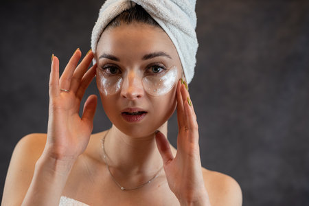 Portrait of caucasian pretty girl with applied collagen hydrogel patch under eye isolated on black background. Skin careの写真素材