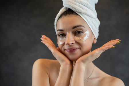 Cheerful young woman in white towel applied collagen patch for smoothing skin under eye isolated on black. Anti aging proceduresの写真素材