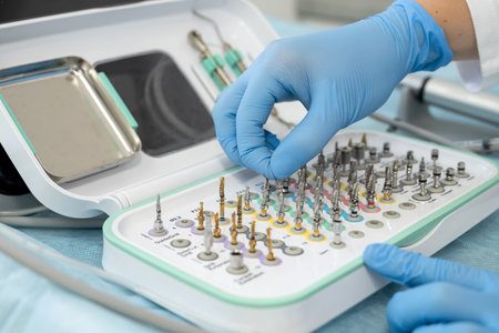 dentist or assistant picking up a tool and other accesries on the tray to examine an elderly female patient at the clinicの写真素材