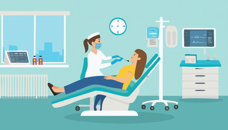 A woman is comfortably seated in a dental chair as a dentist carefully examines her teeth to ensure everything is in good health and conditionのイラスト素材