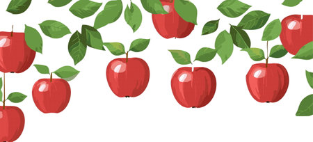 A vibrant row of perfectly red apples beautifully hangs from a sturdy branch that is adorned with lush, green leaves, creating a truly picturesque sceneのイラスト素材