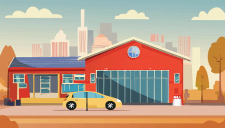 A vibrant and colorful car is parked gracefully in front of a garage, illustrated in intricate pixel art, highlighting its unique charm and visual appealのイラスト素材