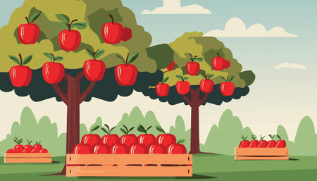 A delightful pixel art illustration showcases vibrant green apple trees along with several crates overflowing with juicy, ripe apples in a charming orchardのイラスト素材