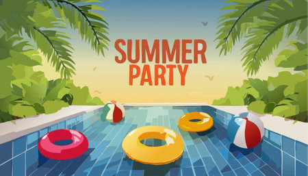 In a colorful swimming pool setting, you can discover a vibrant beach ball, a bright life preserver, and some stylish sunglasses resting on the waters edgeのイラスト素材