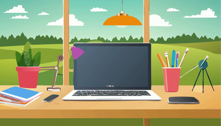 This image features a pixel art style illustration depicting a desk that includes a laptop, a desk lamp, and a small potted plant for decorのイラスト素材