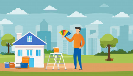 A detailed pixel art illustration showcasing a hardworking construction worker who is holding a vibrant palette of paint, ready for his taskのイラスト素材