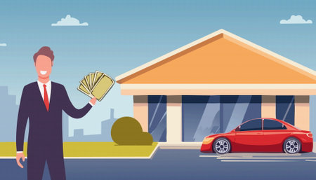 A confident man is proudly displaying a large fan of cash right in front of his beautiful house and impressive car, showcasing his immense wealth and successのイラスト素材