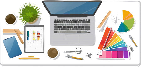 A laptop computer is sitting on a wooden desk next to a lamp and a potted plant