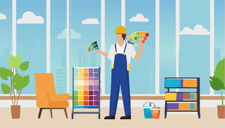 A skilled professional is showcasing a variety of color palettes in a stylish, contemporary workspace environmentのイラスト素材