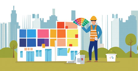 A construction worker is holding a vibrant color palette in front of a stunning city skyline filled with highrise buildings and skyscrapersのイラスト素材