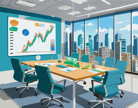 This artwork is a pixel art depiction of a conference room that features a prominent projector screen for presentations and meetingsのイラスト素材