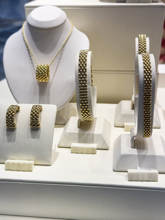 variety of golden rings, bracelets necklaces jewelry with diamant in store window. Shopping luxury conceptの写真素材