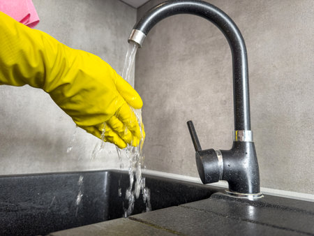 Woman's hands in yellow protective rubber gloves wiping a kitchen faucet. Concept of housework and cleanlinessの写真素材