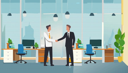 Two welldressed businessmen are shaking hands warmly in a modern office, signifying a positive agreement or partnership aheadのイラスト素材
