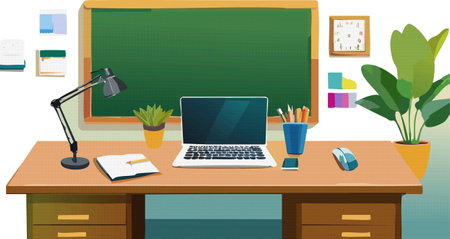 This image features a pixel art style illustration depicting a desk that includes a laptop, a desk lamp, and a small potted plant for decorのイラスト素材