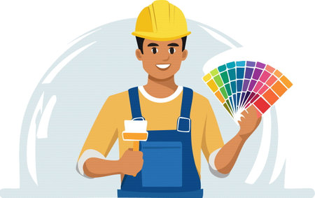 A detailed pixel art illustration showcasing a hardworking construction worker who is holding a vibrant palette of paint, ready for his taskのイラスト素材