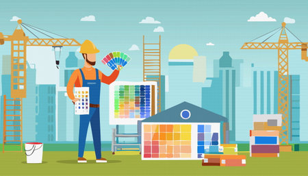 A detailed pixel art illustration showcasing a hardworking construction worker who is holding a vibrant palette of paint, ready for his taskのイラスト素材
