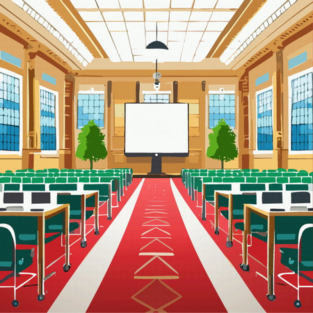 This modern office features sleek desks, breathtaking views of the city skyline, and a generous amount of natural lightのイラスト素材