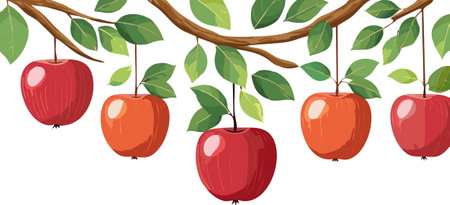 A vibrant row of perfectly red apples beautifully hangs from a sturdy branch that is adorned with lush, green leaves, creating a truly picturesque sceneのイラスト素材