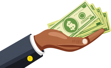 A man wearing a formal suit and tie is confidently holding a fan of cash money, displaying his satisfaction with a pleased expression on his faceのイラスト素材