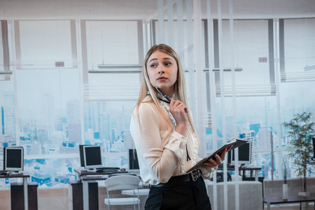Happy beautiful young businesswoman with clipboard in office.の写真素材