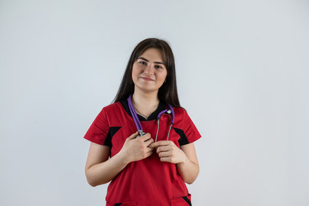 Portrait of caucasian female doctor wearing red coat and stethoscope idolated on white. Medical workerの写真素材