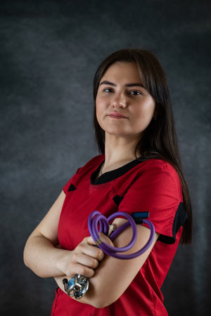 Young female doctor or nurse wear red uniform with stethoscope isolated on black. Medical worker, healthcareの写真素材