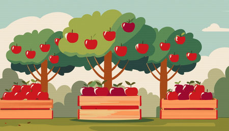 A delightful pixel art illustration showcases vibrant green apple trees along with several crates overflowing with juicy, ripe apples in a charming orchardのイラスト素材