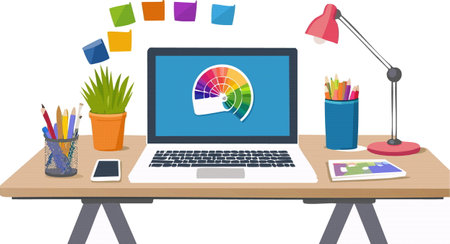 A laptop computer is sitting on a wooden desk next to a lamp and a potted plantのイラスト素材