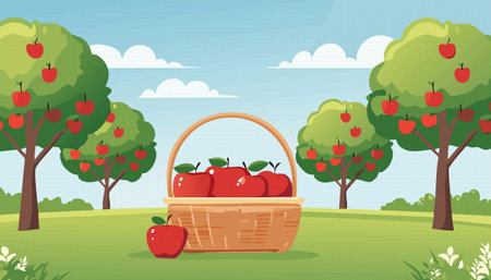 In a picturesque orchard, there is a wooden box that is completely filled with fresh and ripe apples, showcasing the beauty of natures bountyのイラスト素材