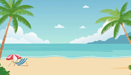 This is a beautifully crafted pixel art illustration depicting a serene beach, complete with tall palm trees, colorful chairs, and a truly stunning coastlineのイラスト素材