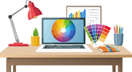A laptop computer is sitting on a wooden desk next to a lamp and a potted plantのイラスト素材