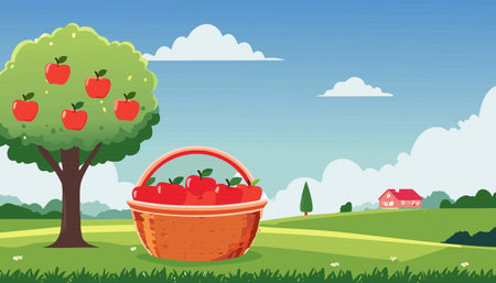 This illustration features a beautifully detailed pixel art depiction of a vibrant apple tree, complemented by a charming basket brimming with fresh applesのイラスト素材
