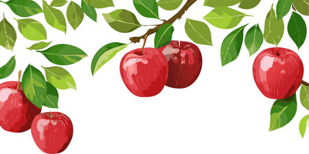 A vibrant row of perfectly red apples beautifully hangs from a sturdy branch that is adorned with lush, green leaves, creating a truly picturesque sceneのイラスト素材