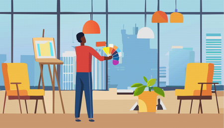 A skilled professional is showcasing a variety of color palettes in a stylish, contemporary workspace environmentのイラスト素材