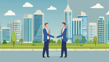 Inside a modern office setting, a man and a woman engage in a firm handshake, representing a professional greeting between colleagues and business associatesのイラスト素材