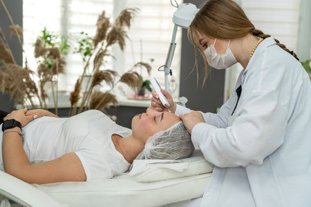 Beautiful woman lying and close eyes receiving ultrasound cavitation facial peeling and cleansing. Cosmetology skin care conceptの写真素材