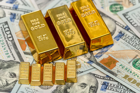 US 100 dollar banknote with gold bars, concept of investment in the American marketの写真素材