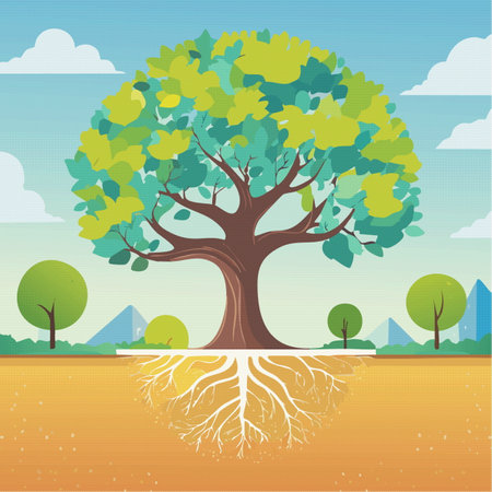 An intricate pixel art illustration showcasing a beautiful tree with its roots deeply embedded in the ground, emphasizing natures connection to the earthのイラスト素材