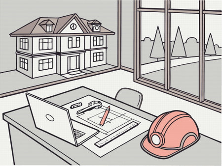 Illustration of a home project with a blueprint, helmet and laptopのイラスト素材
