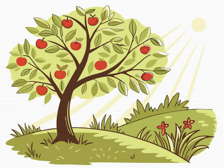 Apple tree with a red apples and daisies. Vector illustration.のイラスト素材