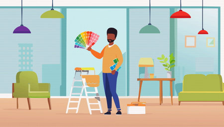 A skilled professional is showcasing a variety of color palettes in a stylish, contemporary workspace environmentのイラスト素材
