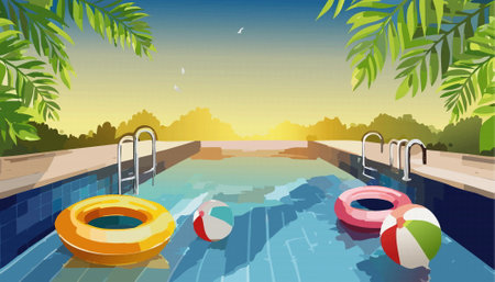 In a colorful swimming pool setting, you can discover a vibrant beach ball, a bright life preserver, and some stylish sunglasses resting on the waters edgeのイラスト素材