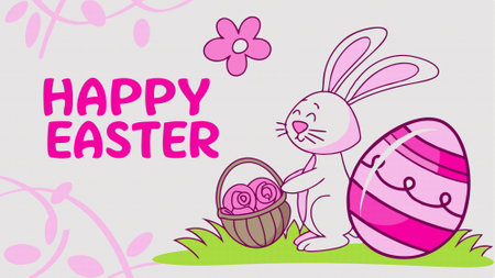 Happy Easter greeting card with cute bunny and basket of easter eggs Aのイラスト素材