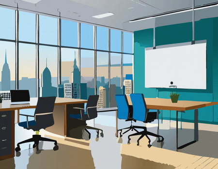 This artwork is a pixel art depiction of a conference room that features a prominent projector screen for presentations and meetingsのイラスト素材